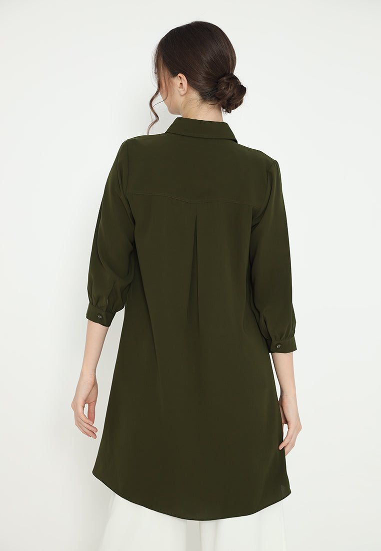 Elara Plain Tunic In Army Green With Pearl Detail | Green