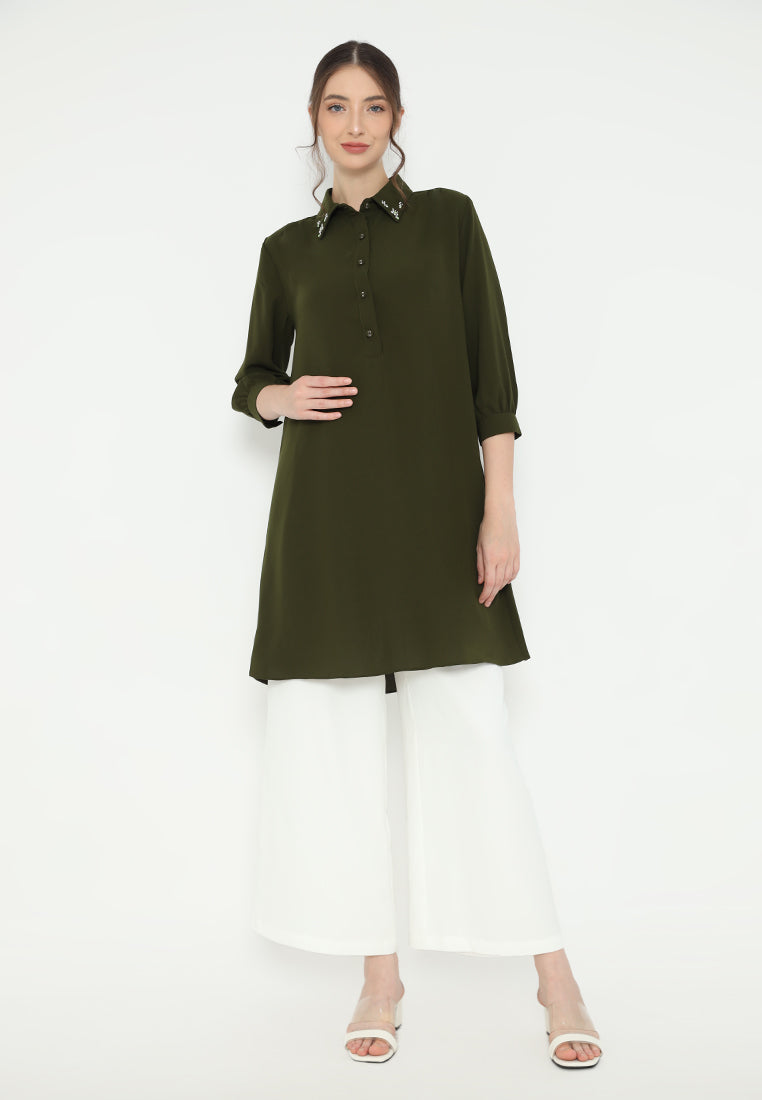 Elara Plain Tunic In Army Green With Pearl Detail | Green