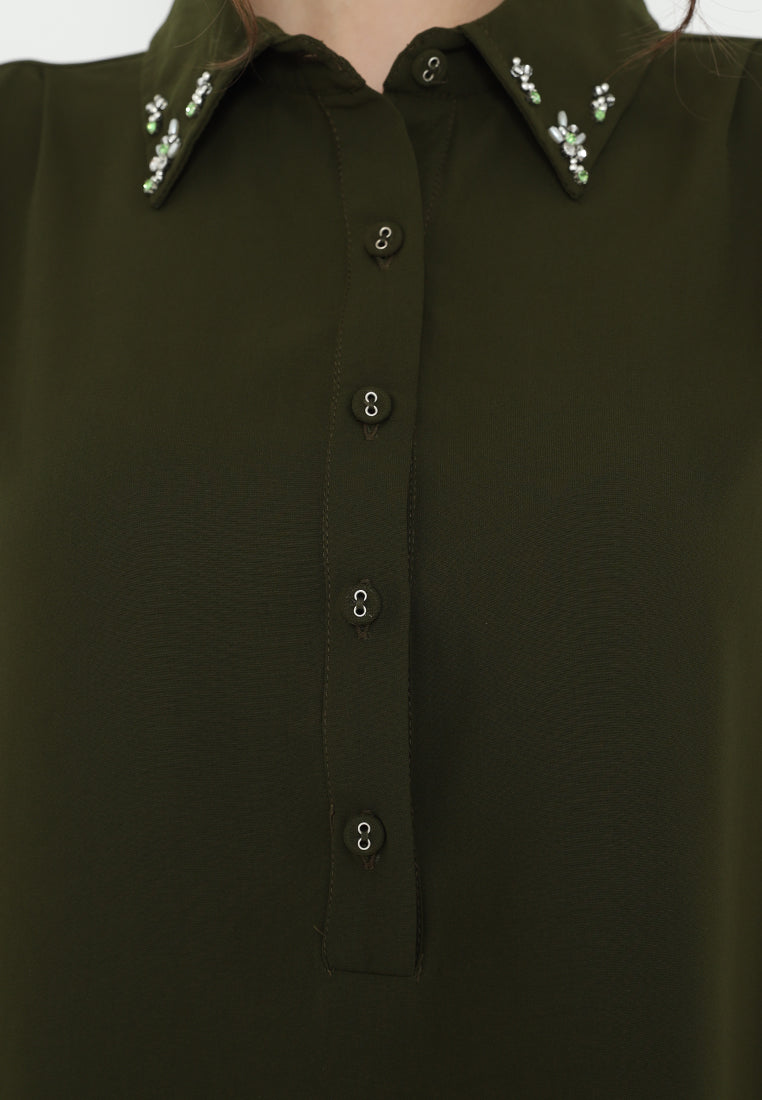 Elara Plain Tunic In Army Green With Pearl Detail | Green
