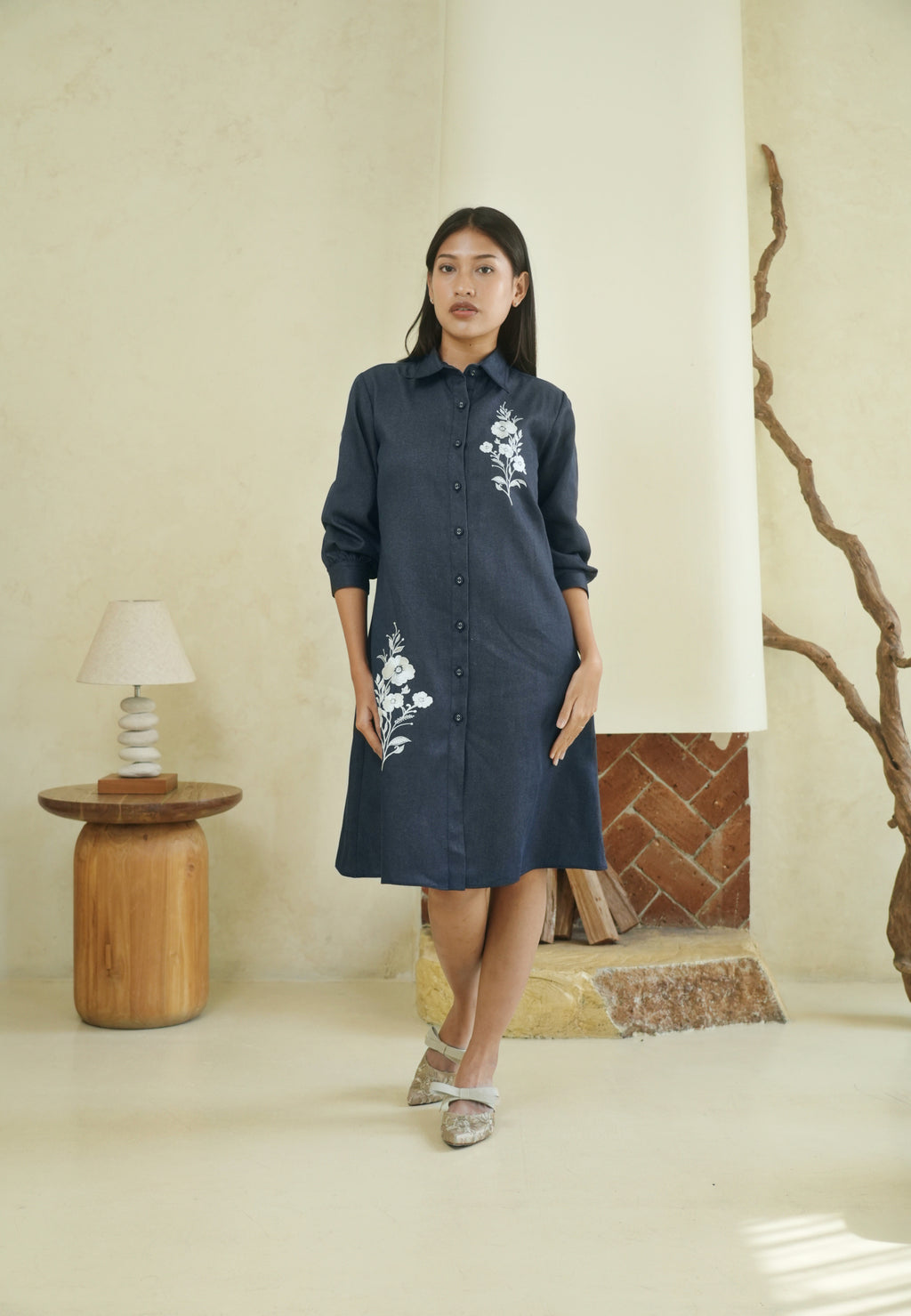 Evolve Midi Dress Denim With Embroidery | Navy