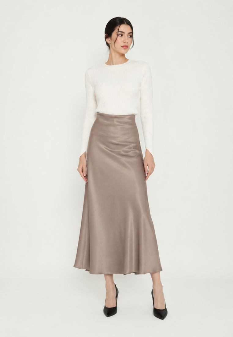 Solis Satin Long Skirt in Mocca By Brilliant Girl