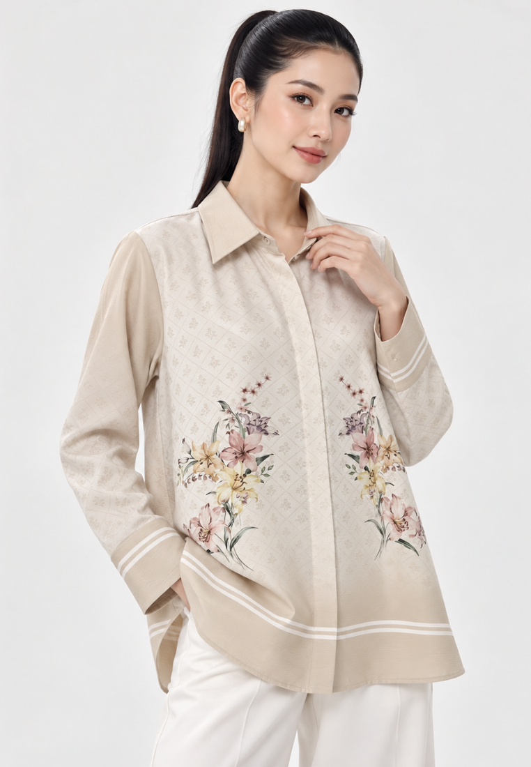 Iris Bloom Shirt  With Color Gradient | Green And Beige