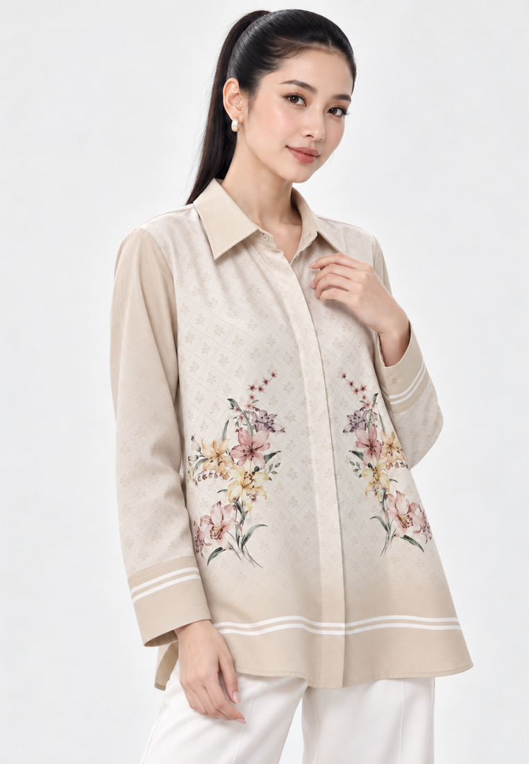Iris Bloom Shirt  With Color Gradient | Green And Beige