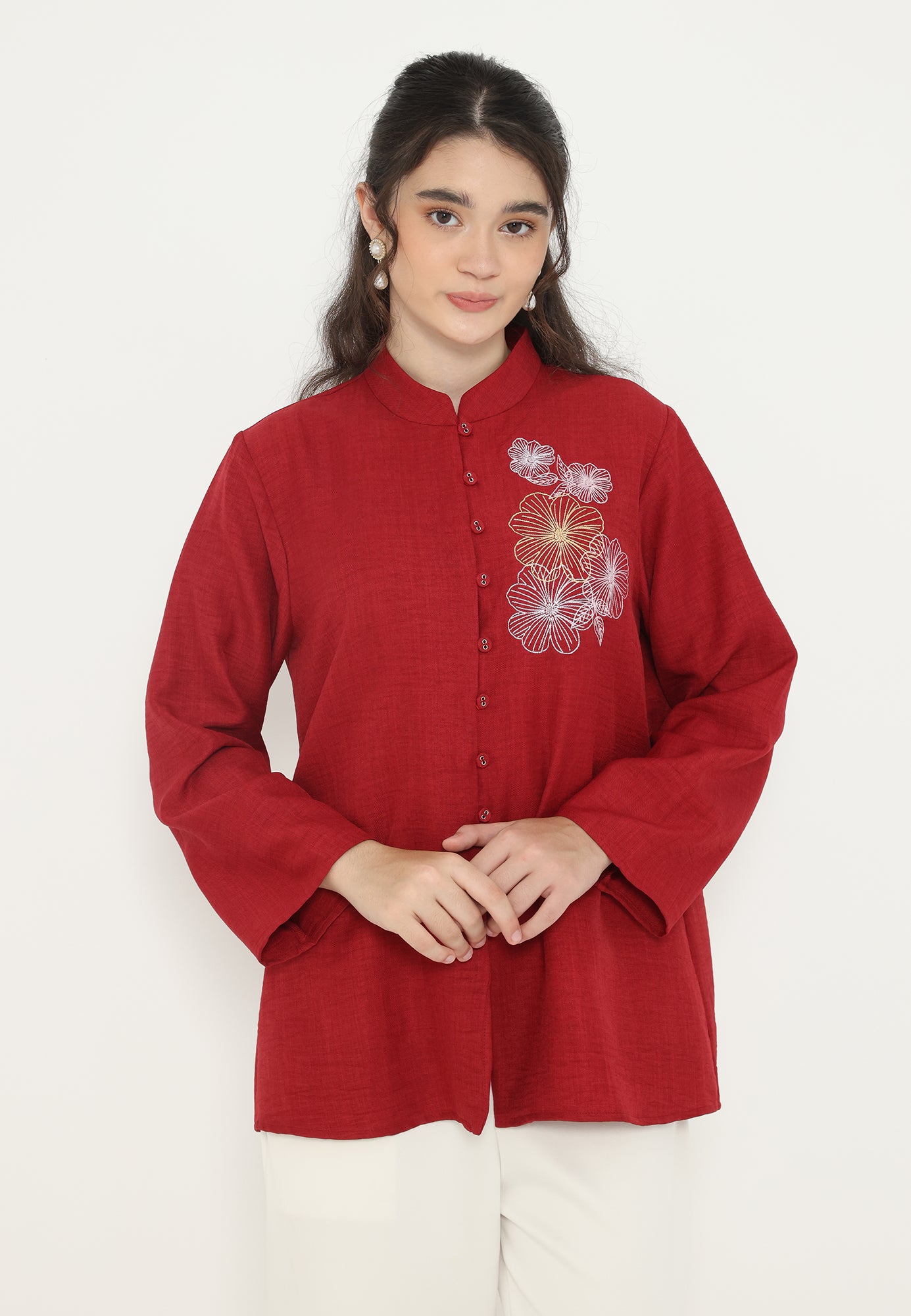 Lioni Blouse With Floral Embroidery | Red