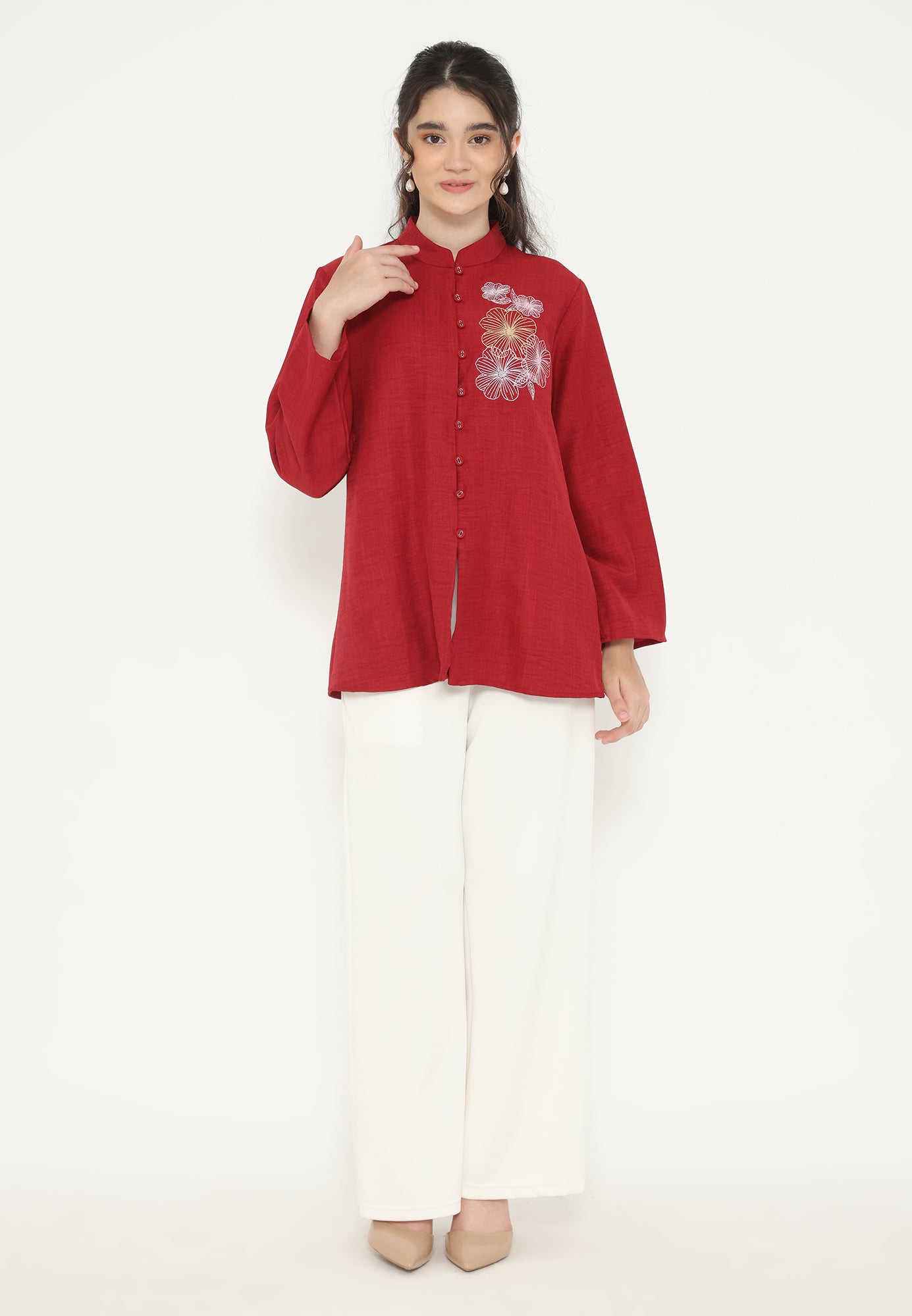 Lioni Blouse With Floral Embroidery | Red