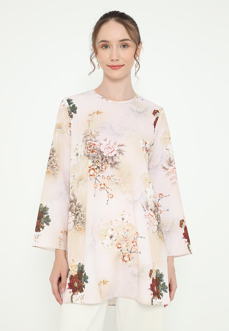 Khayla Tunic Floral Motif Chiffon | Cream