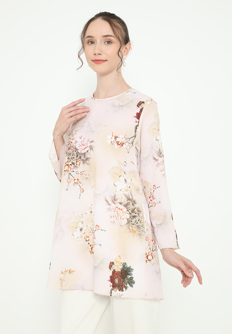 Khayla Tunic Floral Motif Chiffon | Cream