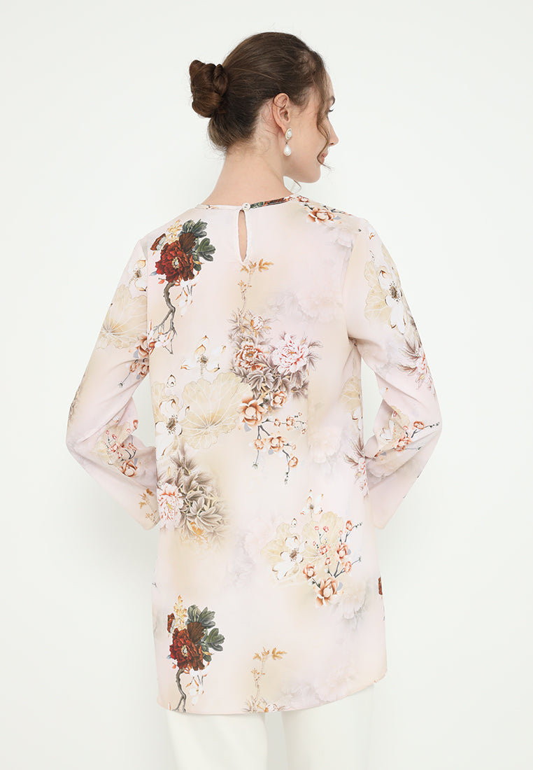 Khayla Tunic Floral Motif Chiffon | Cream