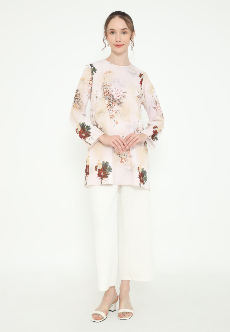 Khayla Tunic Floral Motif Chiffon | Cream