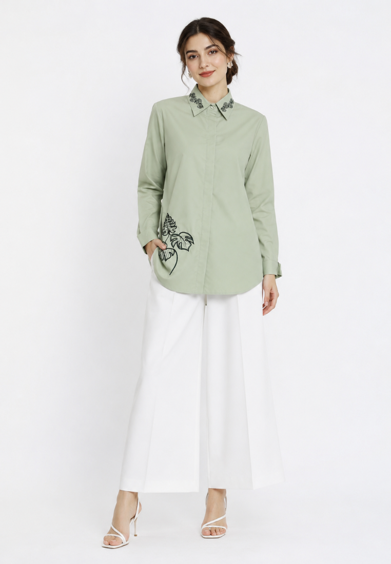 Olive Soft Sage Embroidered Shirt By Brilliant Girl