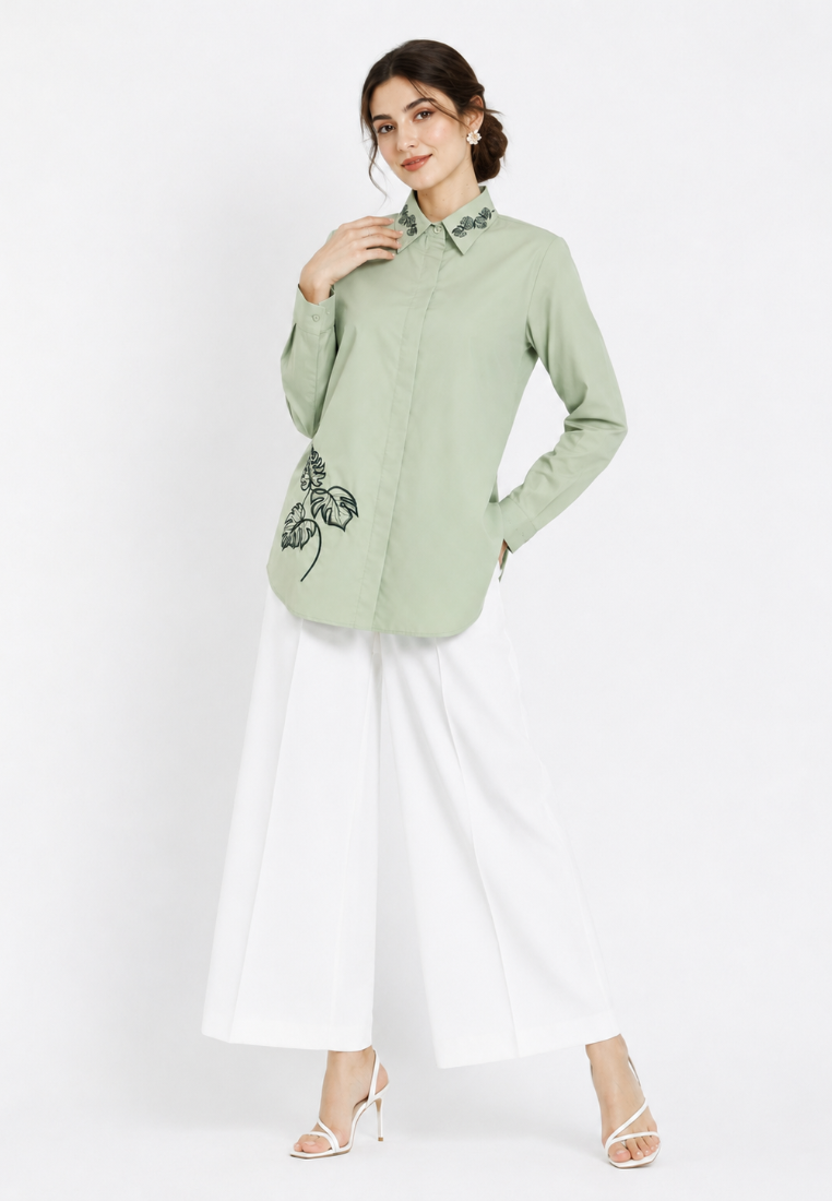 Olive Soft Sage Embroidered Shirt By Brilliant Girl