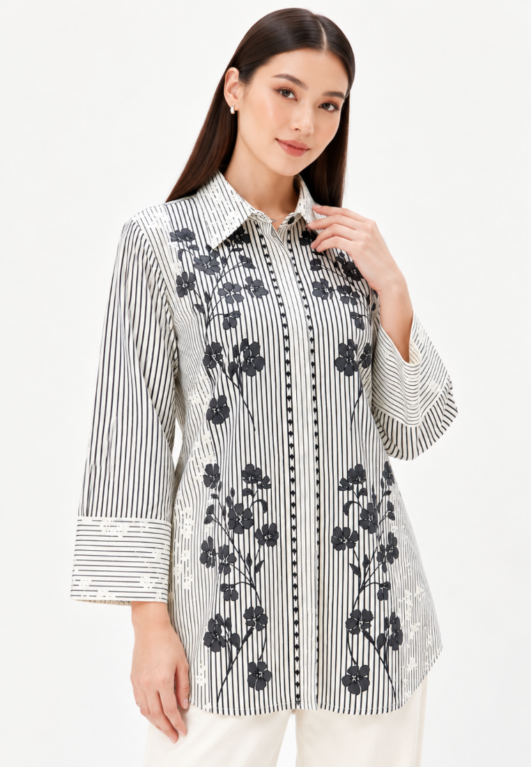 Kusuma Floral Stripe Shirt | Cream