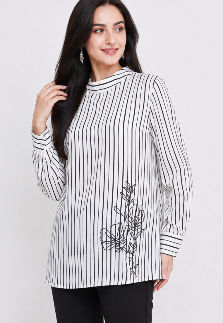 Alinea Stripe Embroidery Blouse | White | Arlette By Brilliant Girl