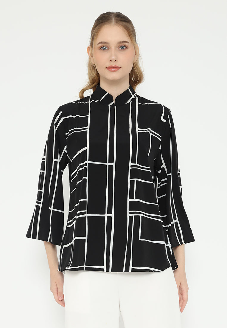 Ordea Abstract Lines Shanghai Collar Blouse | Black