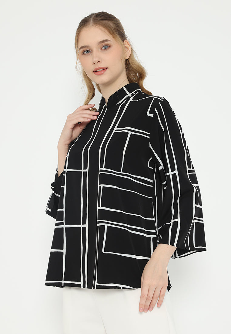 Ordea Abstract Lines Shanghai Collar Blouse | Black