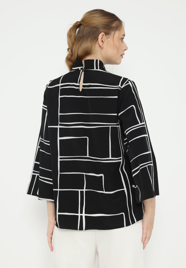 Ordea Abstract Lines Shanghai Collar Blouse | Black