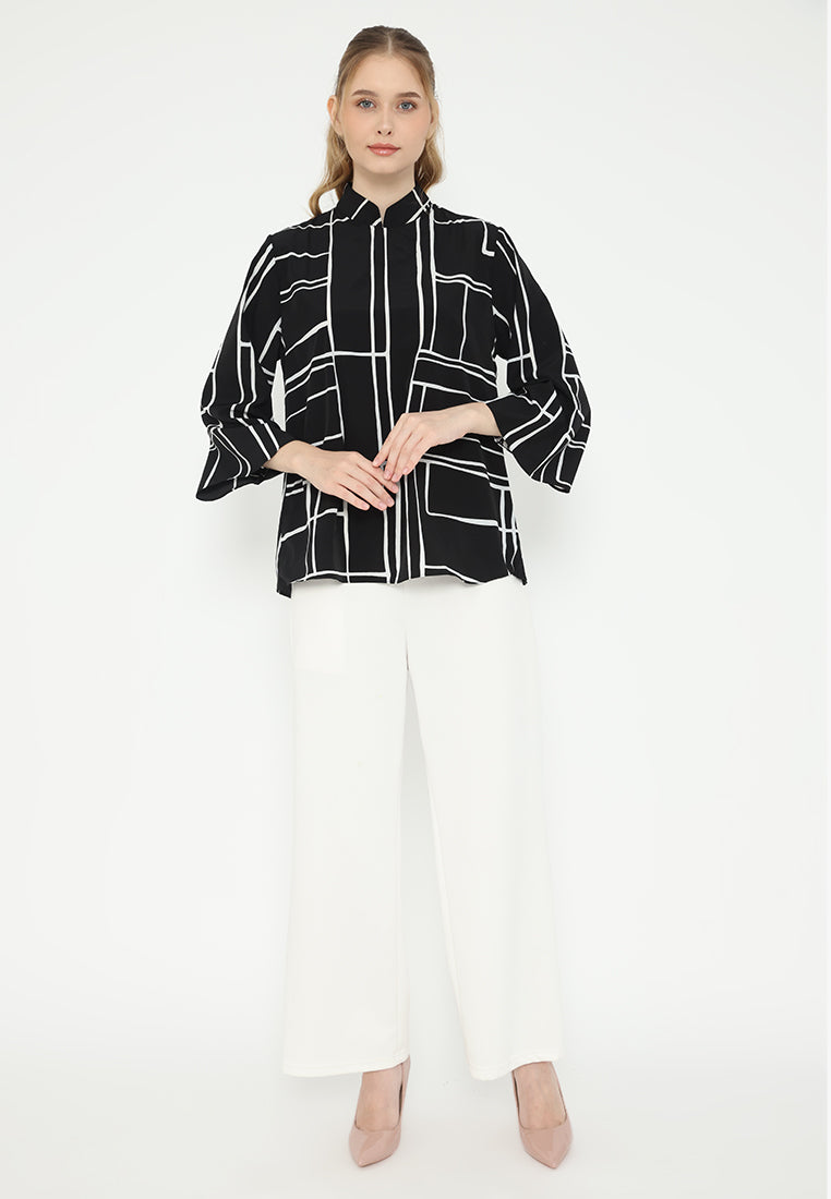 Ordea Abstract Lines Shanghai Collar Blouse | Black
