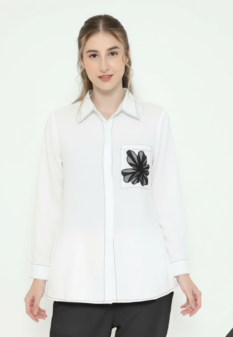 Viona Plain Shirt White With Flowers In Pocket By Brilliant Girl
