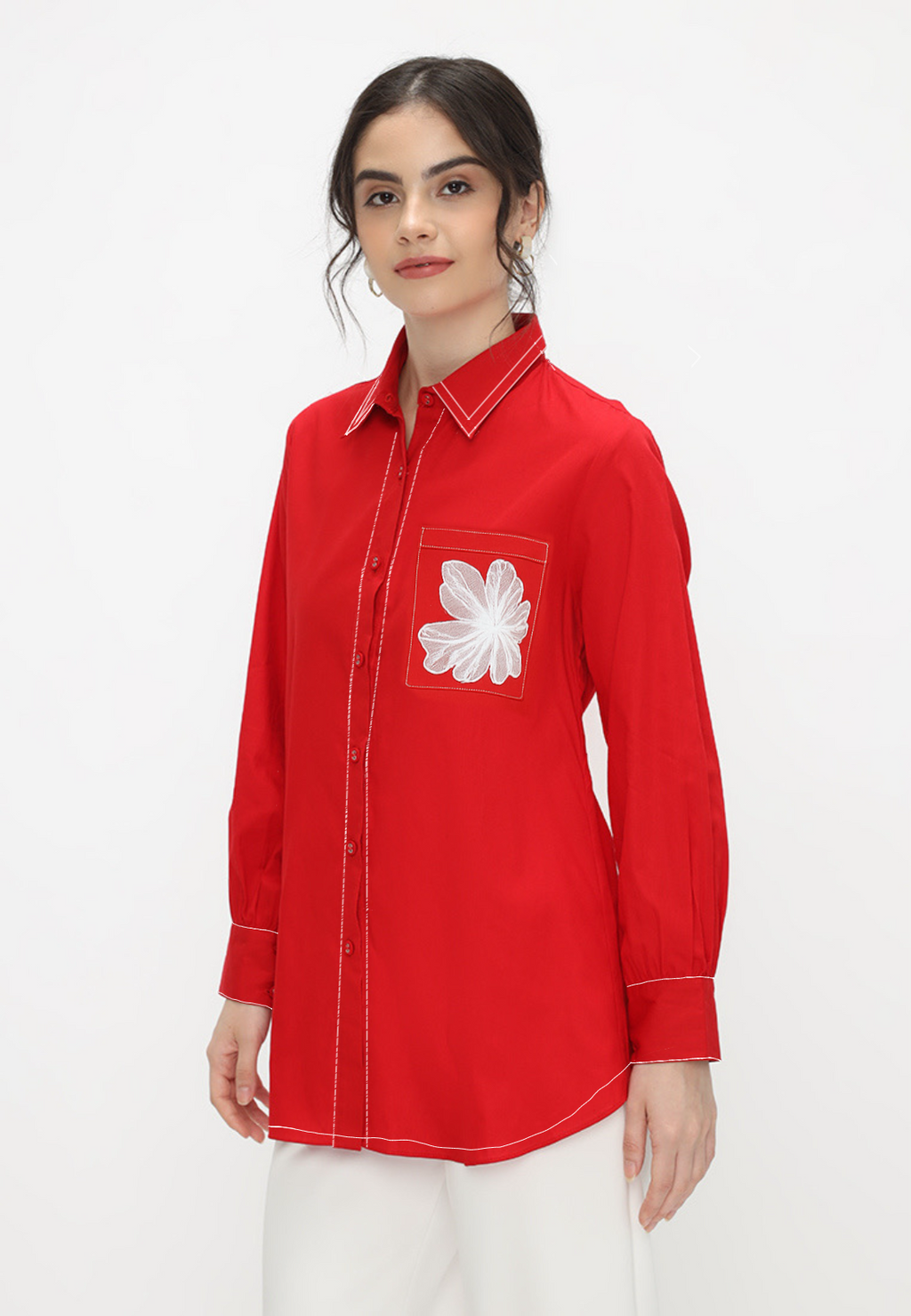 Viona Plain Shirt Red With Flowers In Pocket By Brilliant Girl