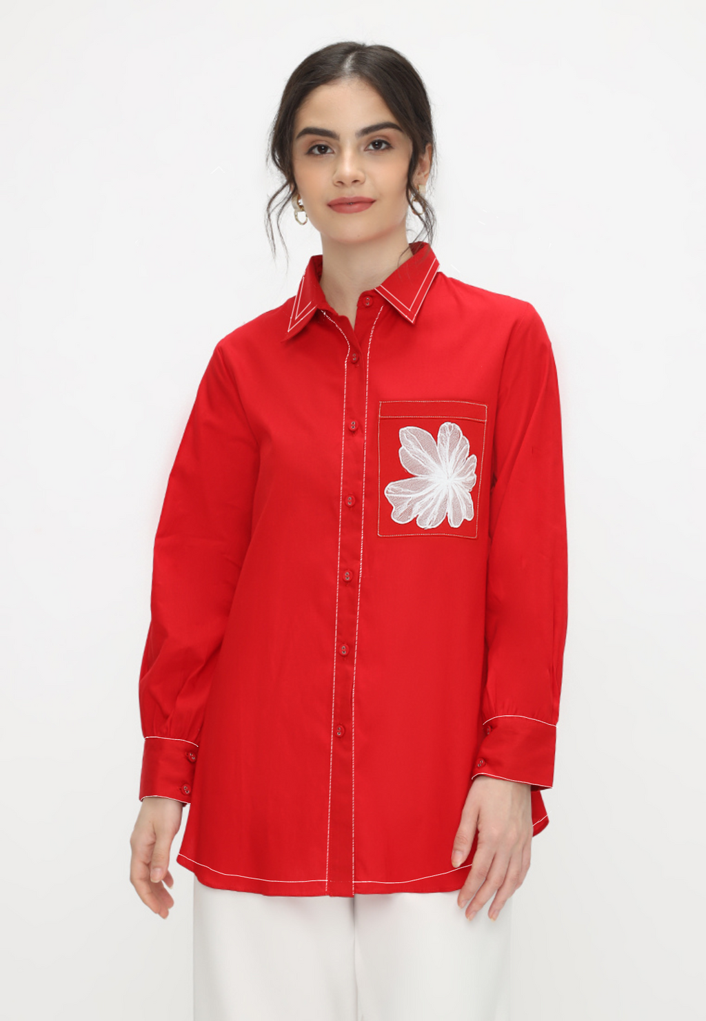 Viona Plain Shirt Red With Flowers In Pocket By Brilliant Girl