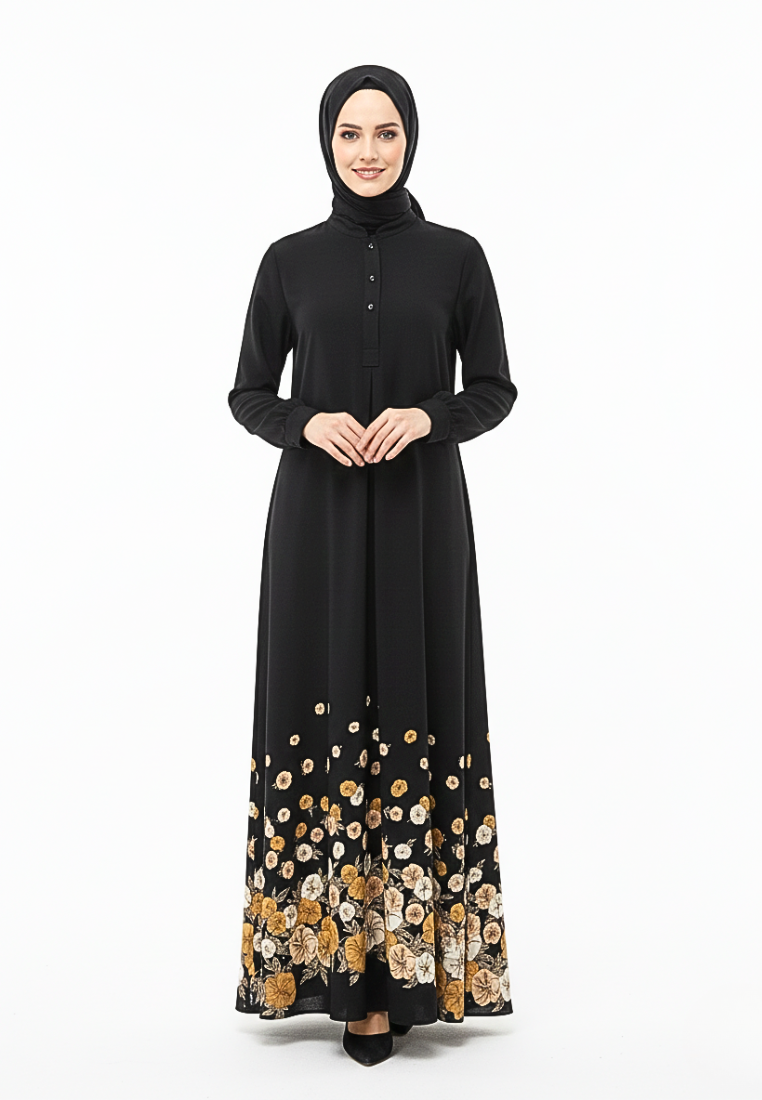Elina Floral Muslim Long Dress | Black