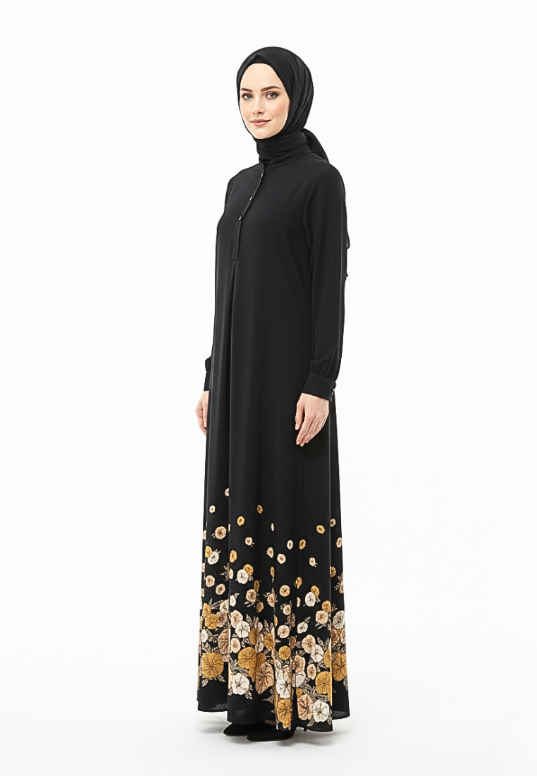 Elina Floral Muslim Long Dress | Black