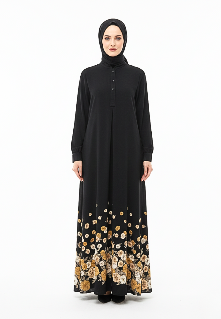 Elina Floral Muslim Long Dress | Black