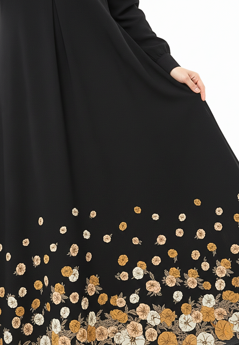 Elina Floral Muslim Long Dress | Black