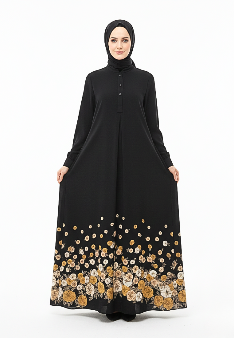 Elina Floral Muslim Long Dress | Black