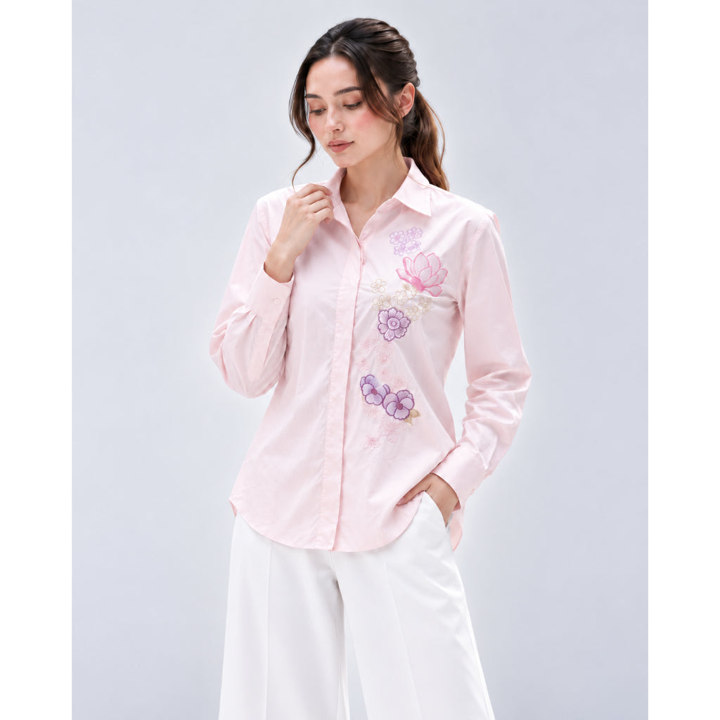 Camellia Embroidery Shirt |Soft Pink