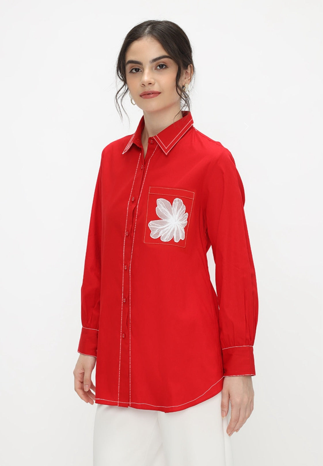 Viona Plain Shirt With Flowers In Pocket |Black , White and Red