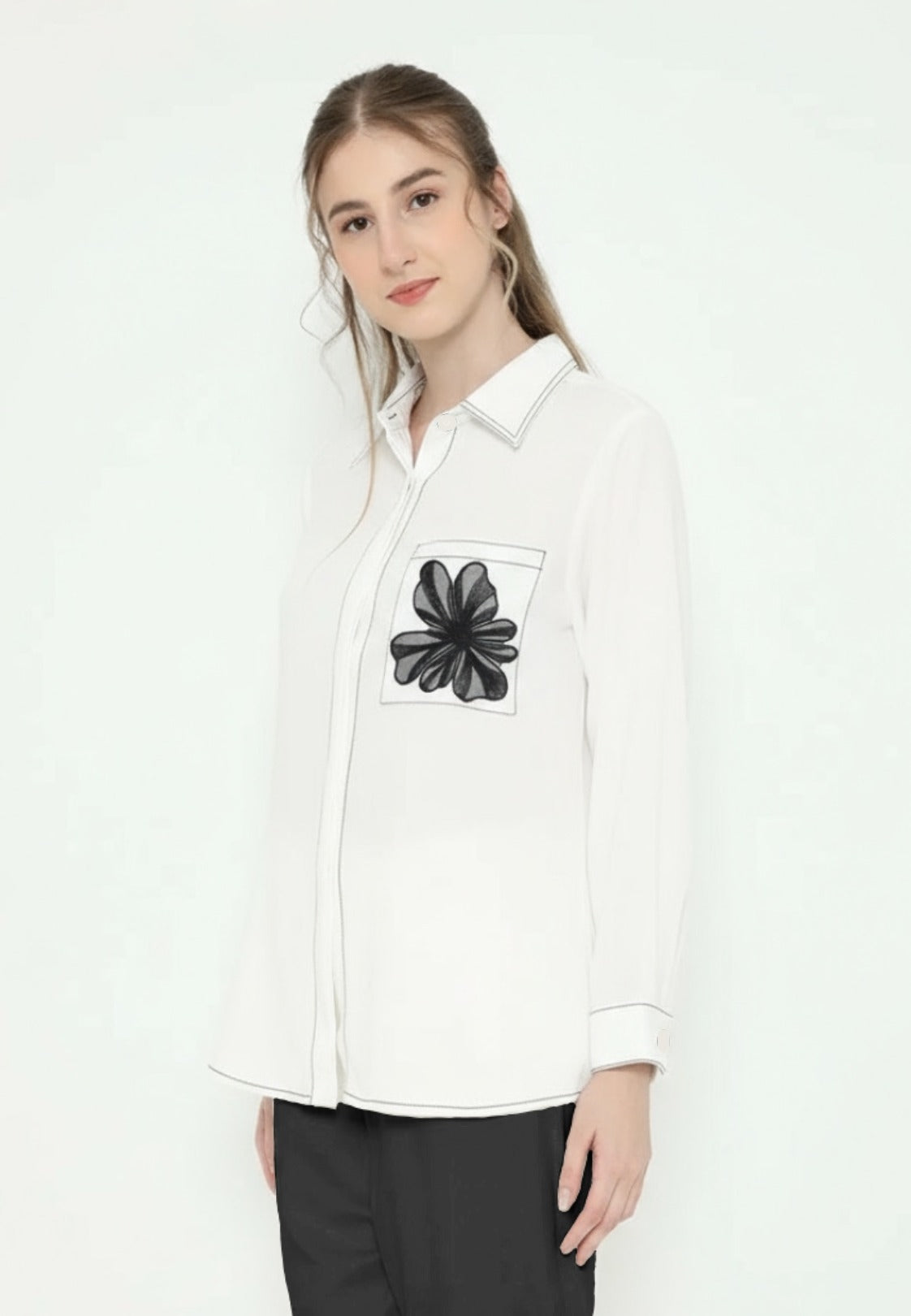 Viona Plain Shirt With Flowers In Pocket |Black , White and Red