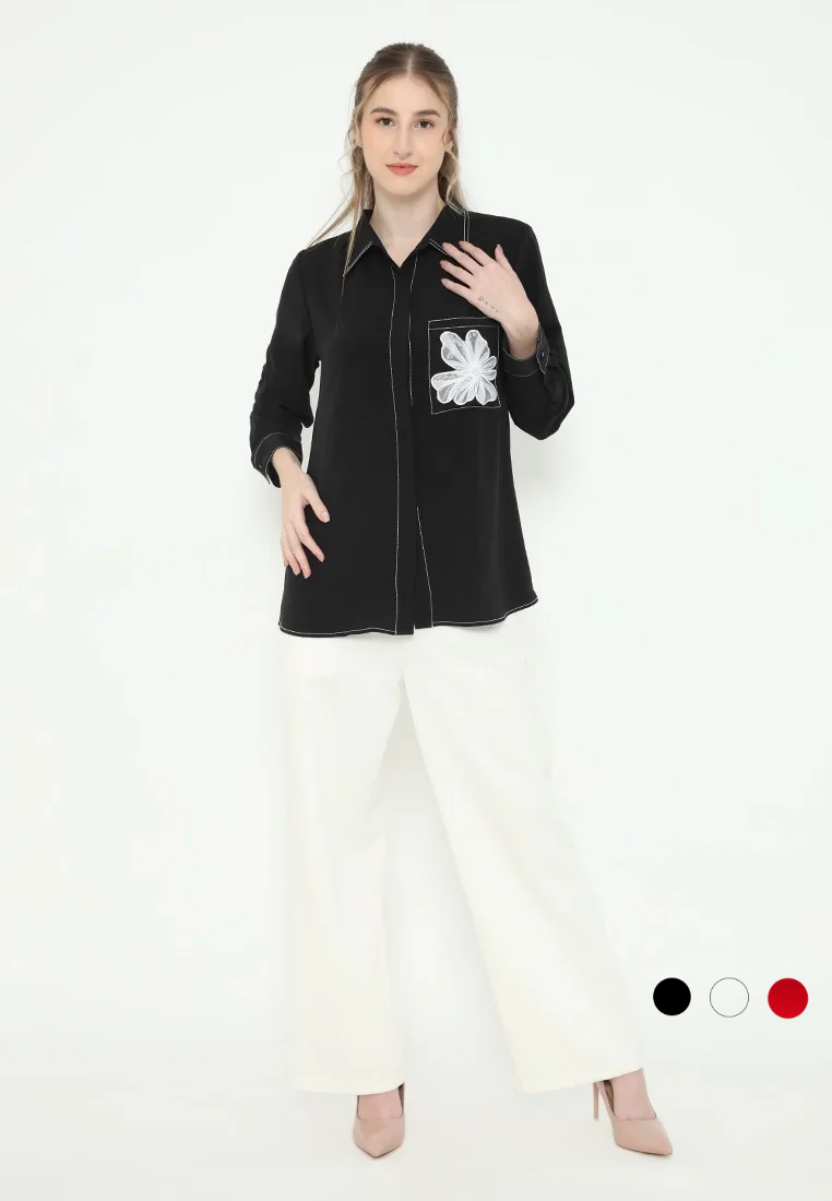 Viona Plain Shirt With Flowers In Pocket |Black , White and Red