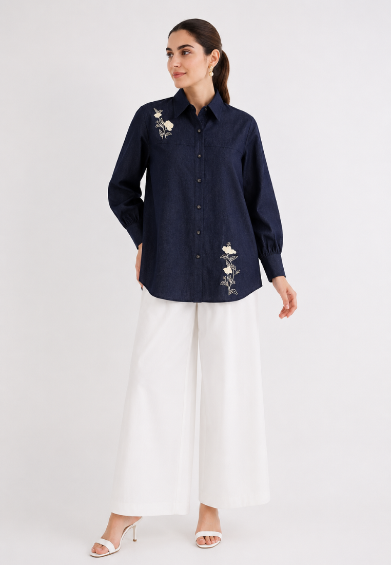 Elodie Embroidered Denim Shirt | Dark Denim