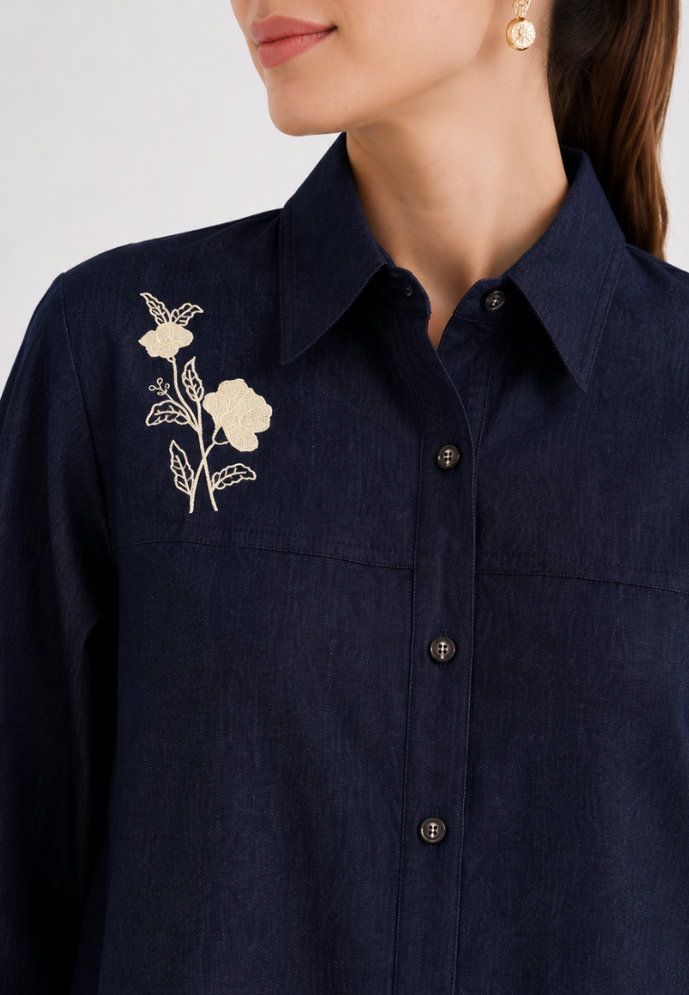 Elodie Embroidered Denim Shirt | Dark Denim
