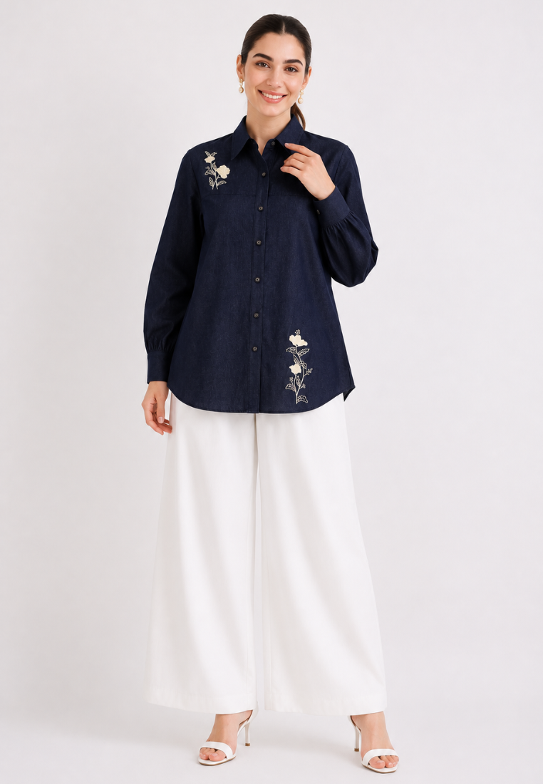 Elodie Embroidered Denim Shirt | Dark Denim