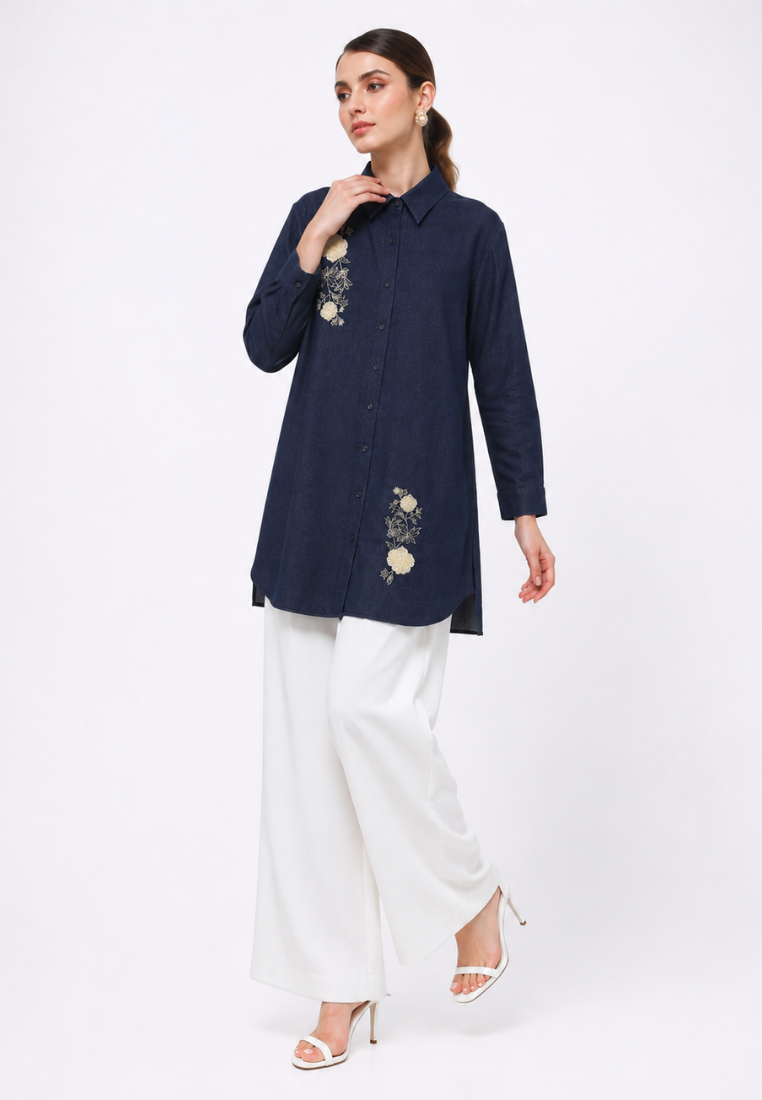 Colette Women Long Shirt Denim Embroidery | Dark Denim