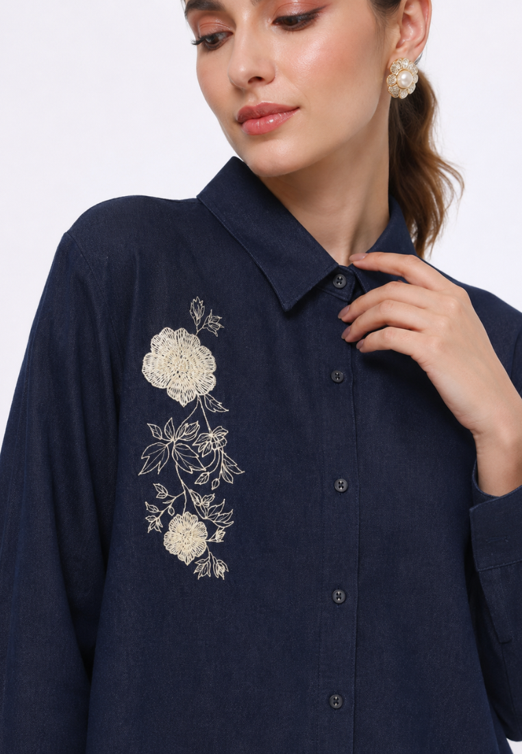 Colette Women Long Shirt Denim Embroidery | Dark Denim