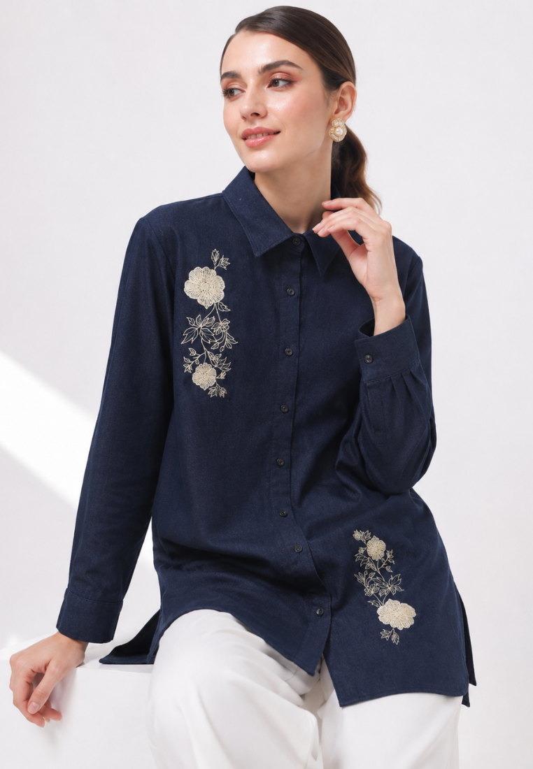 Colette Women Long Shirt Denim Embroidery | Dark Denim