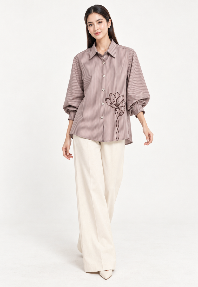 Lioren Shirt Stripe Combination Embroidery | Brown