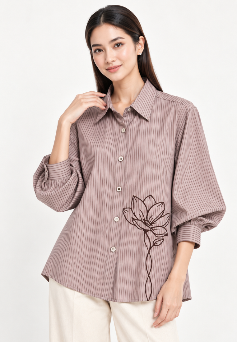 Lioren Shirt Stripe Combination Embroidery | Brown