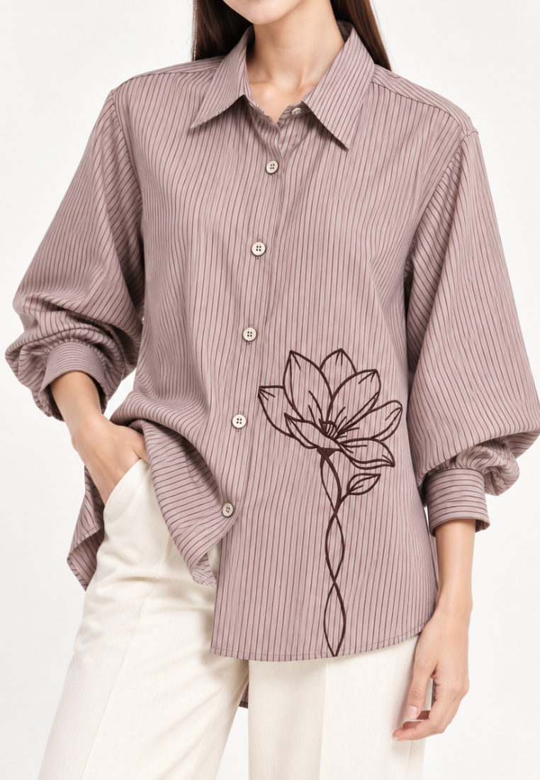 Lioren Shirt Stripe Combination Embroidery | Brown