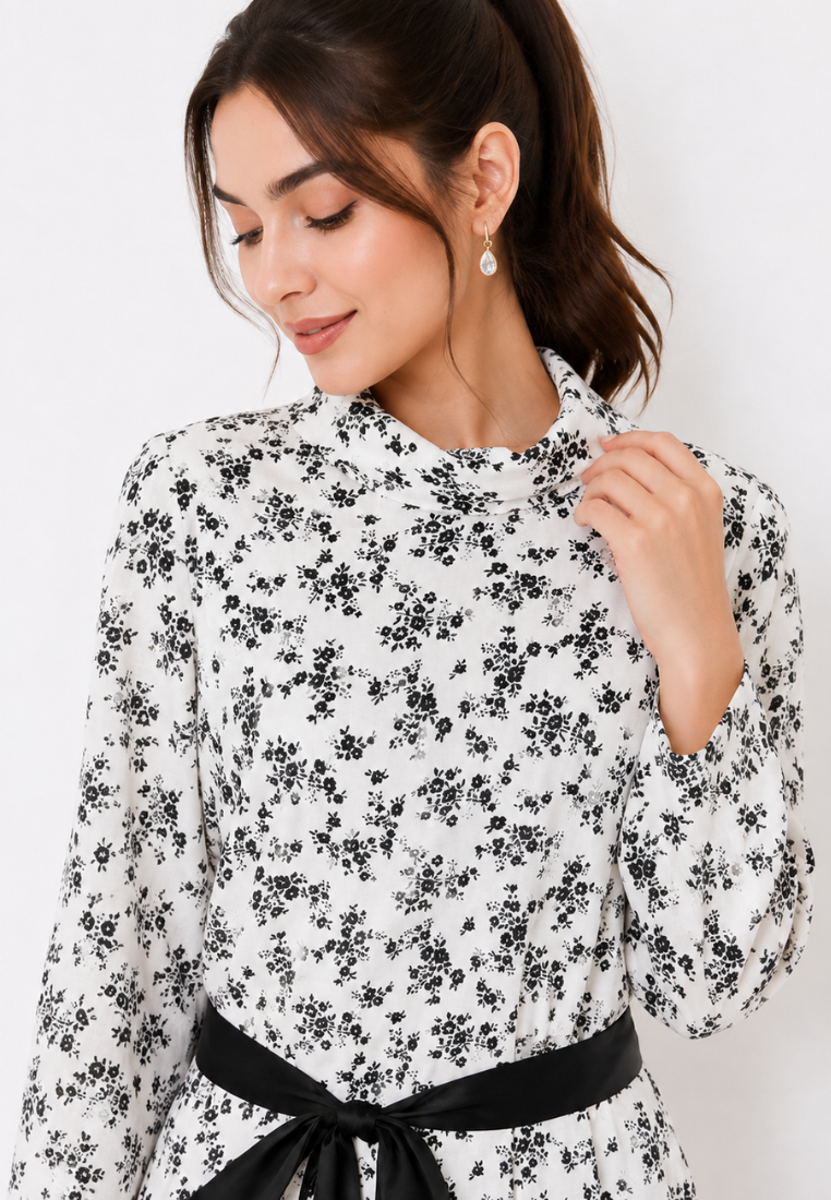Ivy Tunic White Floral Chiffon A-Line Ribbon Belt Arlette By Brilliant Girl