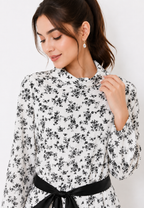 Ivy Tunic White Floral Chiffon A-Line Ribbon Belt Arlette By Brilliant Girl