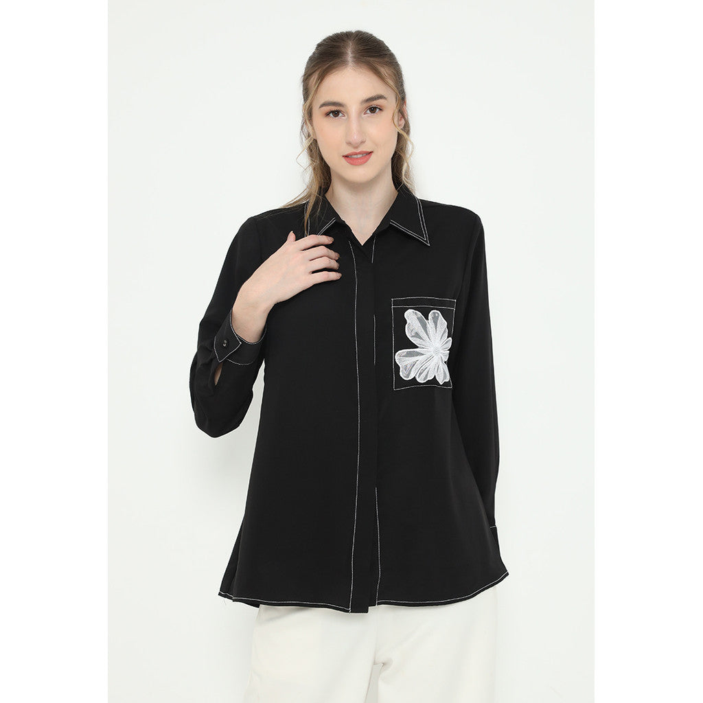 Viona Plain Shirt With Flowers In Pocket |Black , White and Red