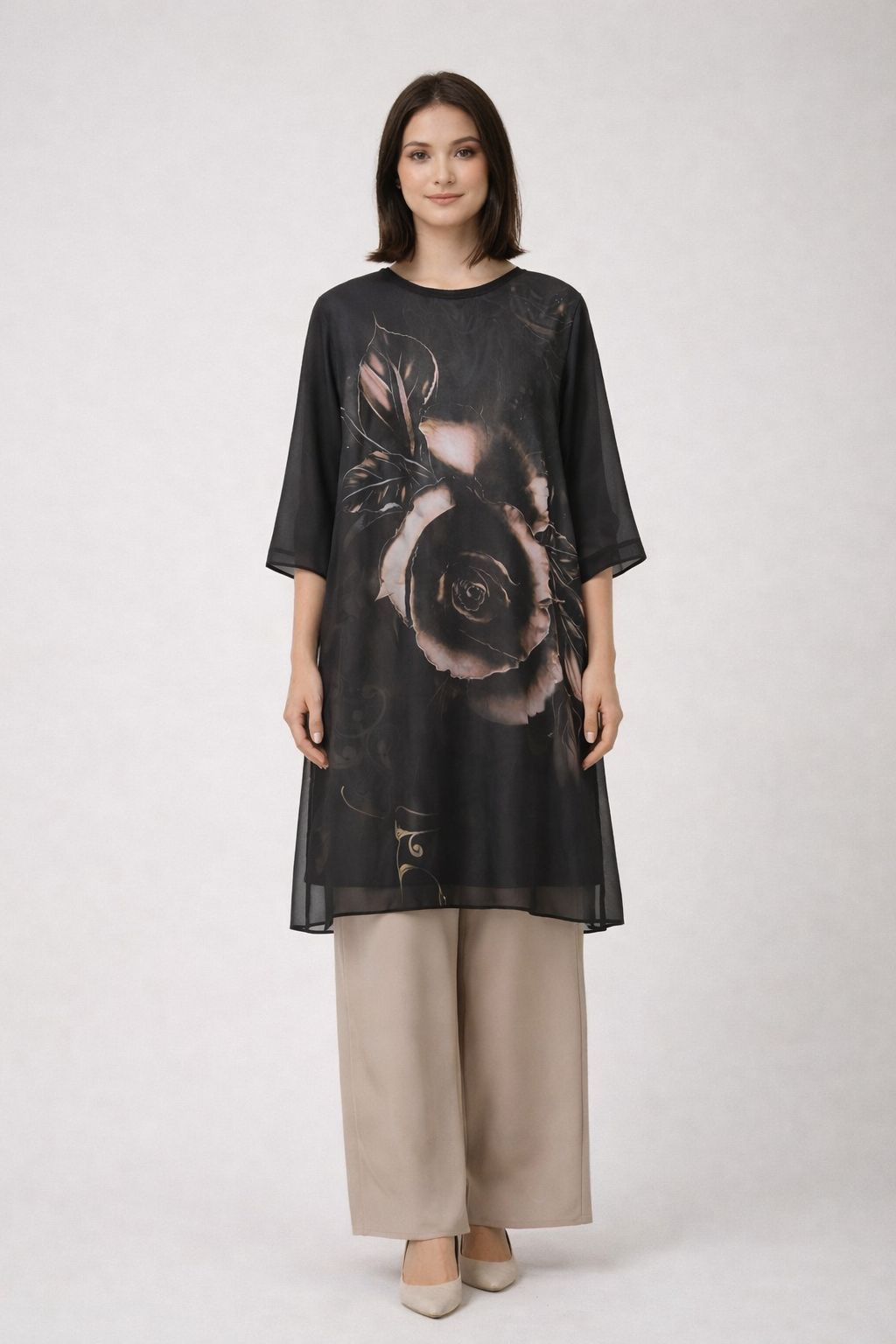 Floney Floral Abstract Chiffon Tunic | Black